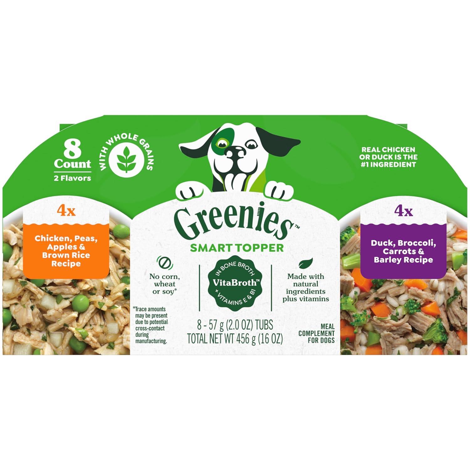 imageGreenies Smart Topper High Protein Wet Mixin for Dogs Chicken Peas Apples and Brown Rice Recipe ampamp Duck Broccoli Carrots and Barley Recipe Variety Pack with Whole Grains 8 Trays of 2ozVariety Pack Beef  Chicken