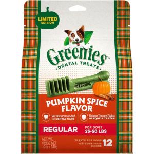 imageGreenies Regular Natural Dental Care Dog Treats Blueberry Flavor 12 oz Pouch 12 TreatsPumpkin Spice