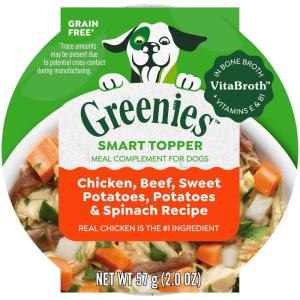 imageGreenies Smart Topper High Protein Wet Mixin for Dogs Chicken Peas Apples and Brown Rice Recipe ampamp Duck Broccoli Carrots and Barley Recipe Variety Pack with Whole Grains 8 Trays of 2ozChicken  Beef