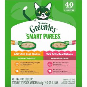 image:imageGreenies Feline Smart Purees Healthy Indoor and Skin amp Fur Health Lickable Cat Treats with Real Chicken with Real Salmon 049 oz Tubes 40 CountVariety Pack Chicken  Salmon
