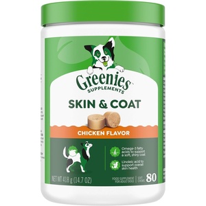 image:imageGreenies Supplements Dog Skin and Coat Supplement with Fish Oil for Dogs amp Omega 3 Fatty Acids Chicken Flavor Soft Chews 147 oz Tub 80 Count